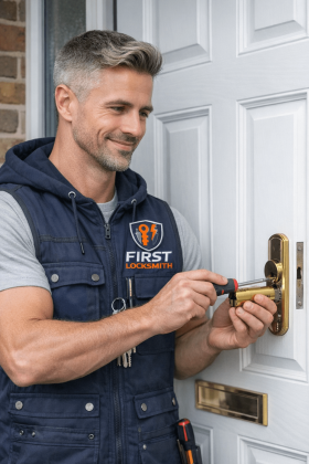 First Locksmith replacing front door lock cylinder